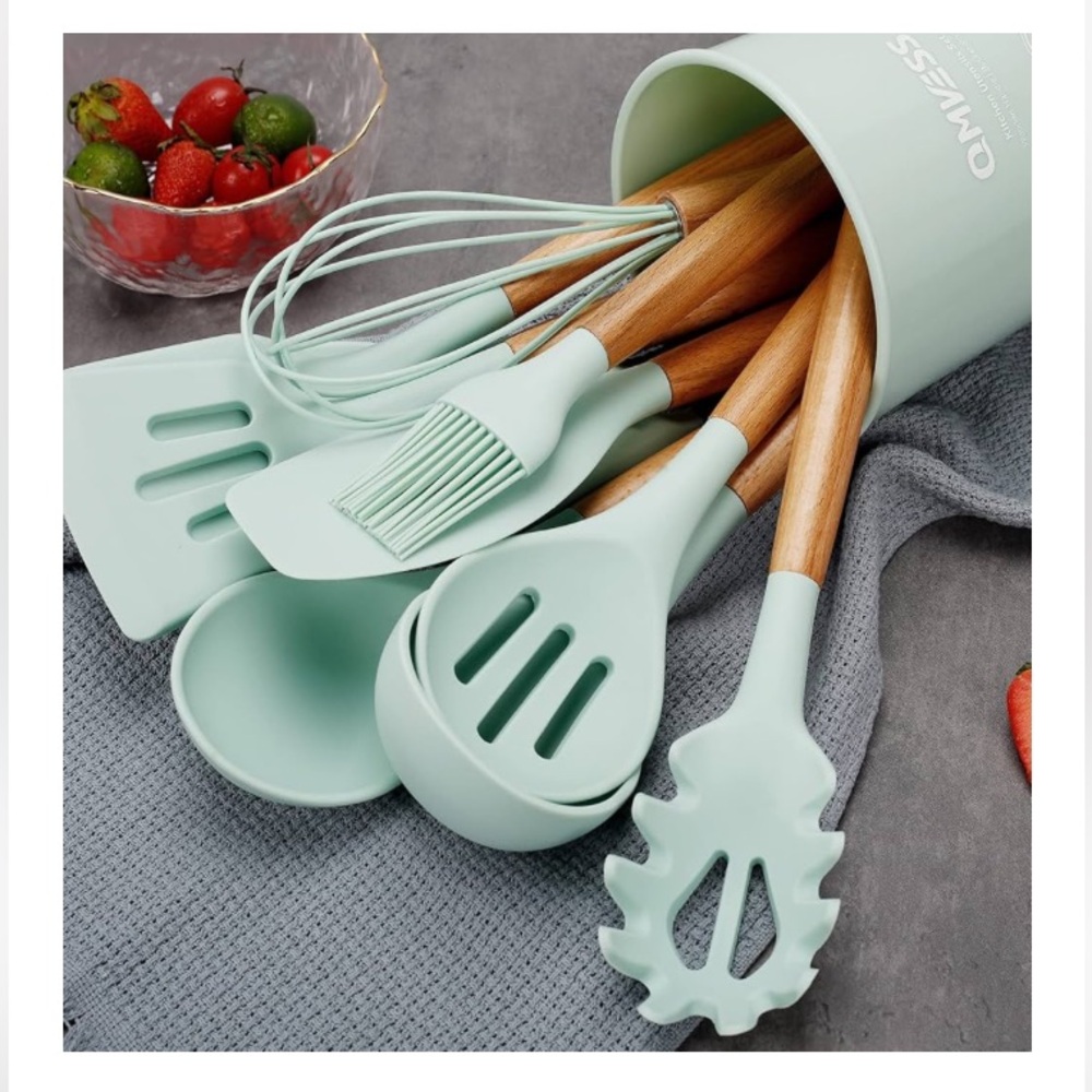 🩵New 33pc Mint Silicone Wood Cooking Utensil Set Measuring Cups, Holder, Hooks